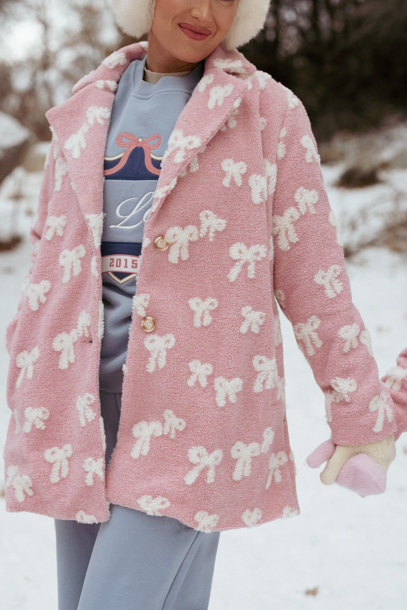 Teddy Coat in Pink Bow Print - FINAL SALE
