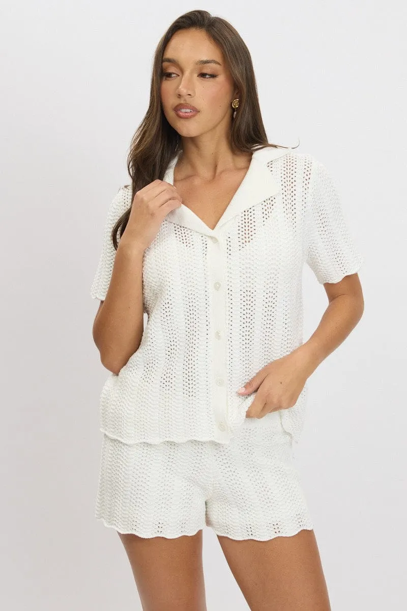 White Crochet Knit Cardigan Collared