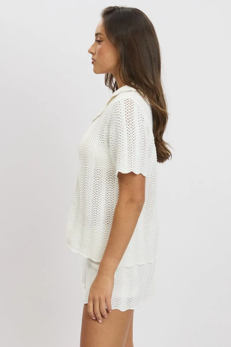 White Crochet Knit Cardigan Collared