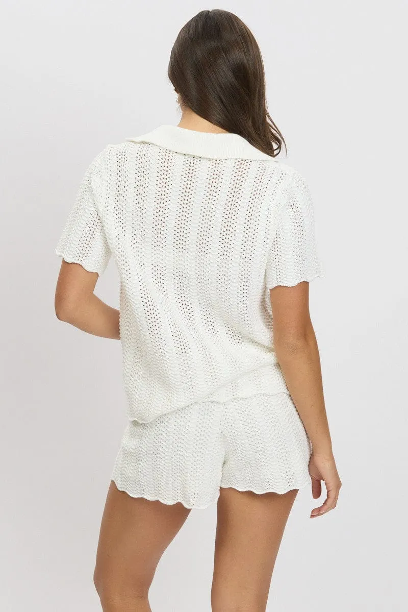 White Crochet Knit Cardigan Collared