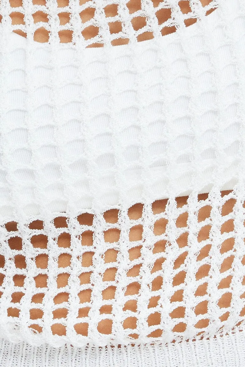 White Crochet Knit Top Long Sleeve Square Neck