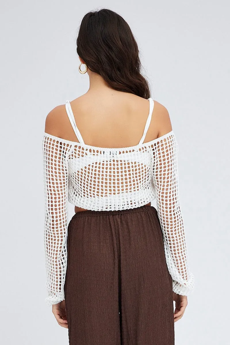 White Crochet Knit Top Long Sleeve Square Neck