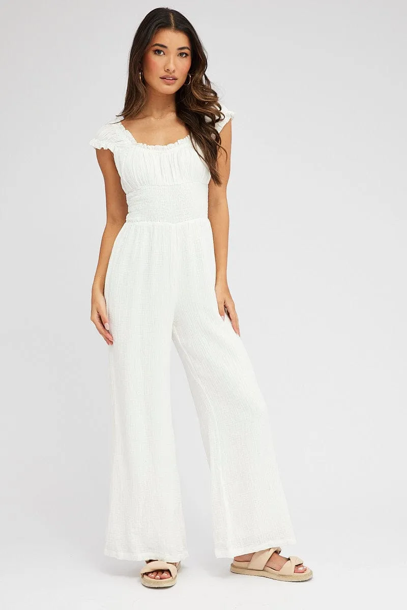 White Jumpsuit Short Sleeve Off Shoulder Shirred Cotton