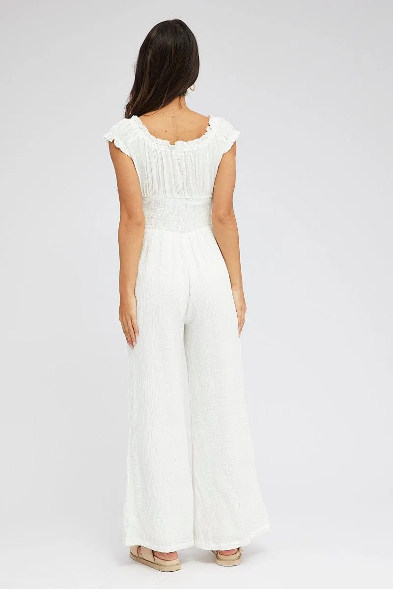 White Jumpsuit Short Sleeve Off Shoulder Shirred Cotton