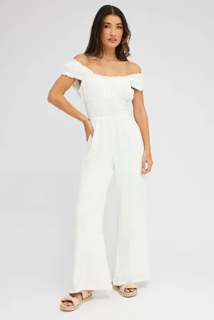 White Jumpsuit Short Sleeve Off Shoulder Shirred Cotton