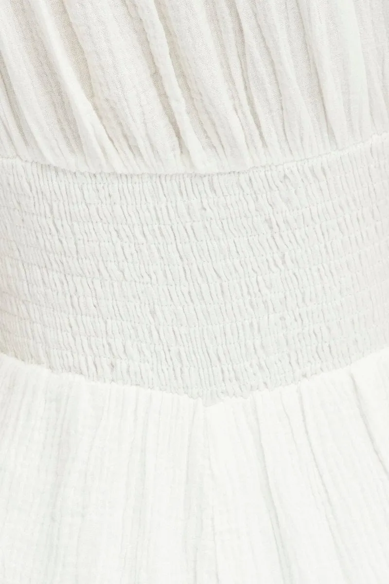 White Jumpsuit Short Sleeve Off Shoulder Shirred Cotton