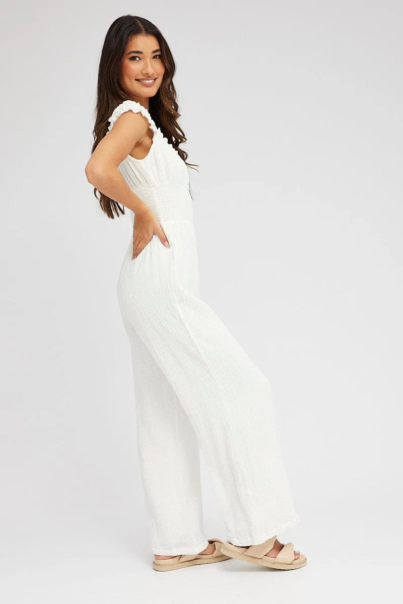 White Jumpsuit Short Sleeve Off Shoulder Shirred Cotton