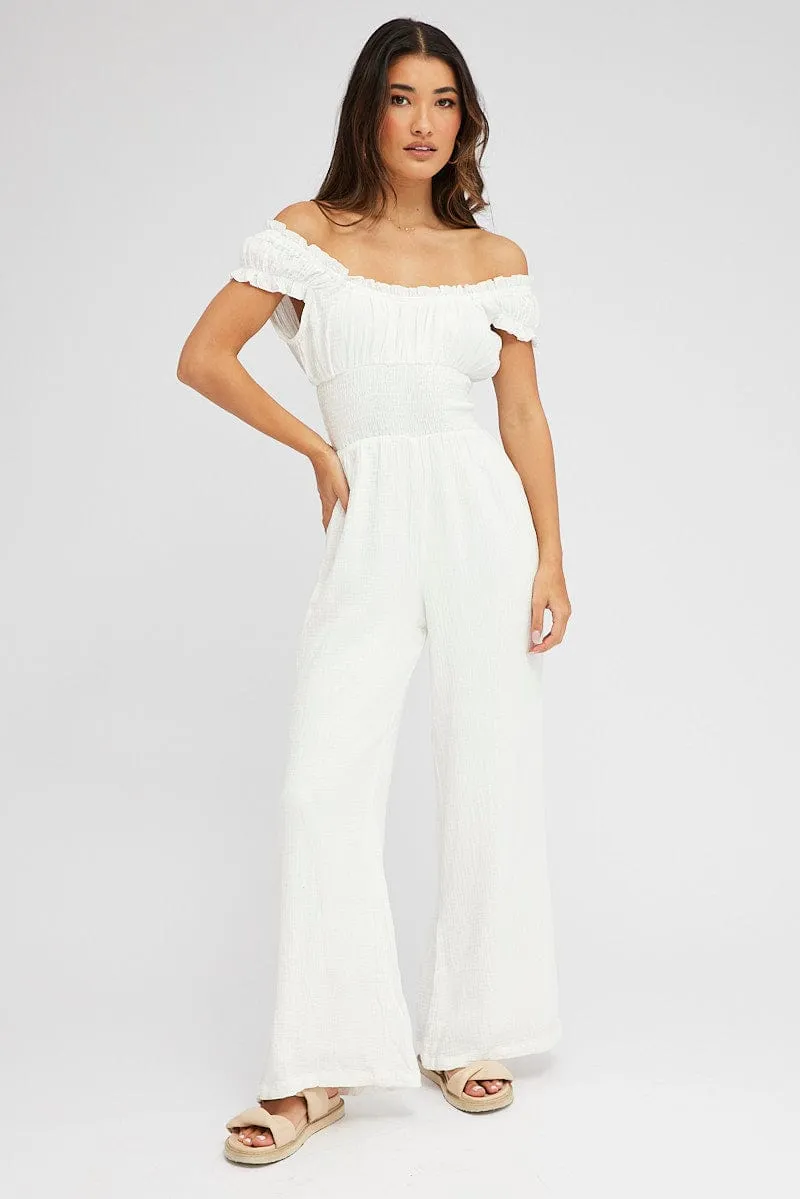 White Jumpsuit Short Sleeve Off Shoulder Shirred Cotton