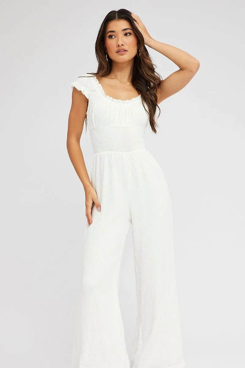 White Jumpsuit Short Sleeve Off Shoulder Shirred Cotton