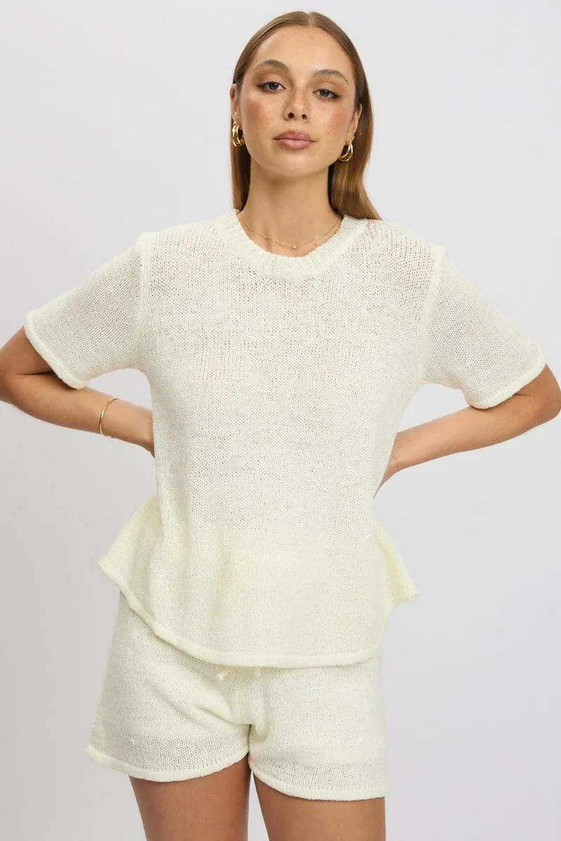 White Knit Top Short Sleeve Crew Neck