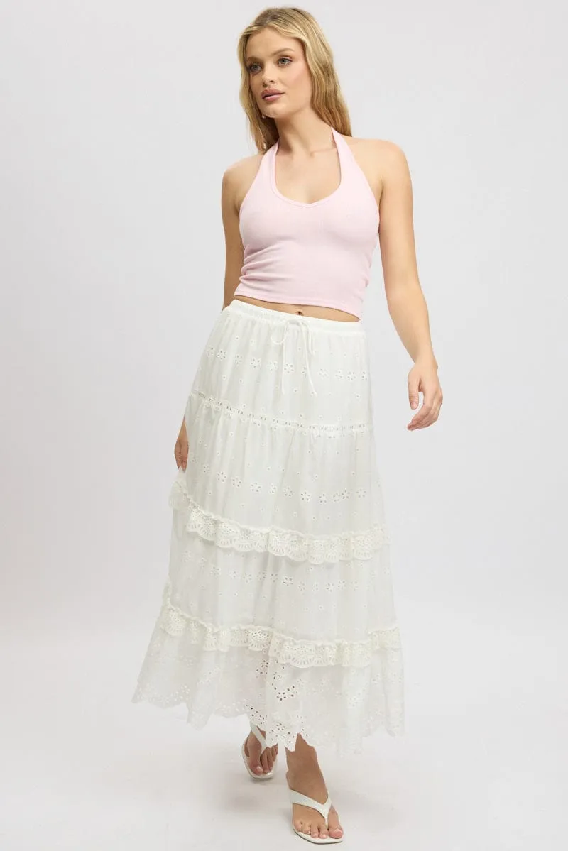 White Maxi Skirt High Waisted Tiered Broidery Eyelet