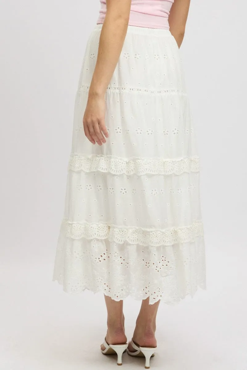 White Maxi Skirt High Waisted Tiered Broidery Eyelet