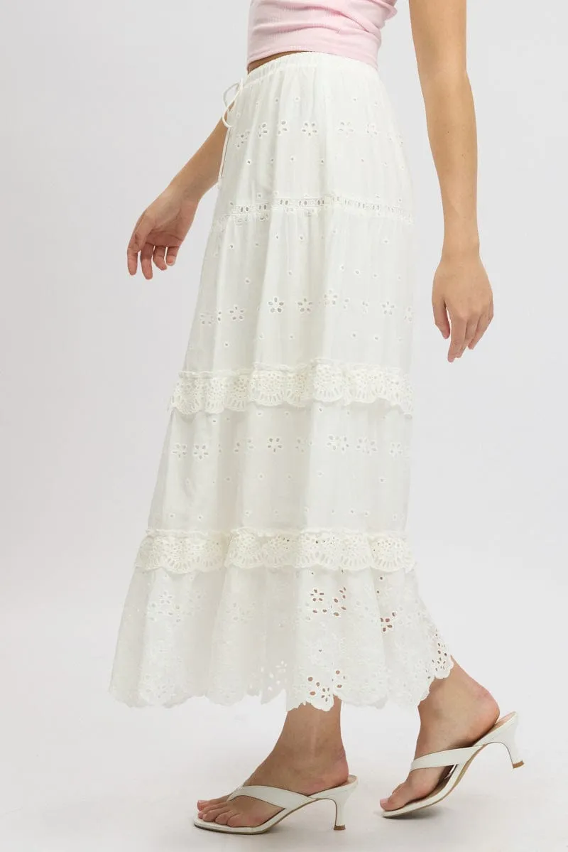 White Maxi Skirt High Waisted Tiered Broidery Eyelet