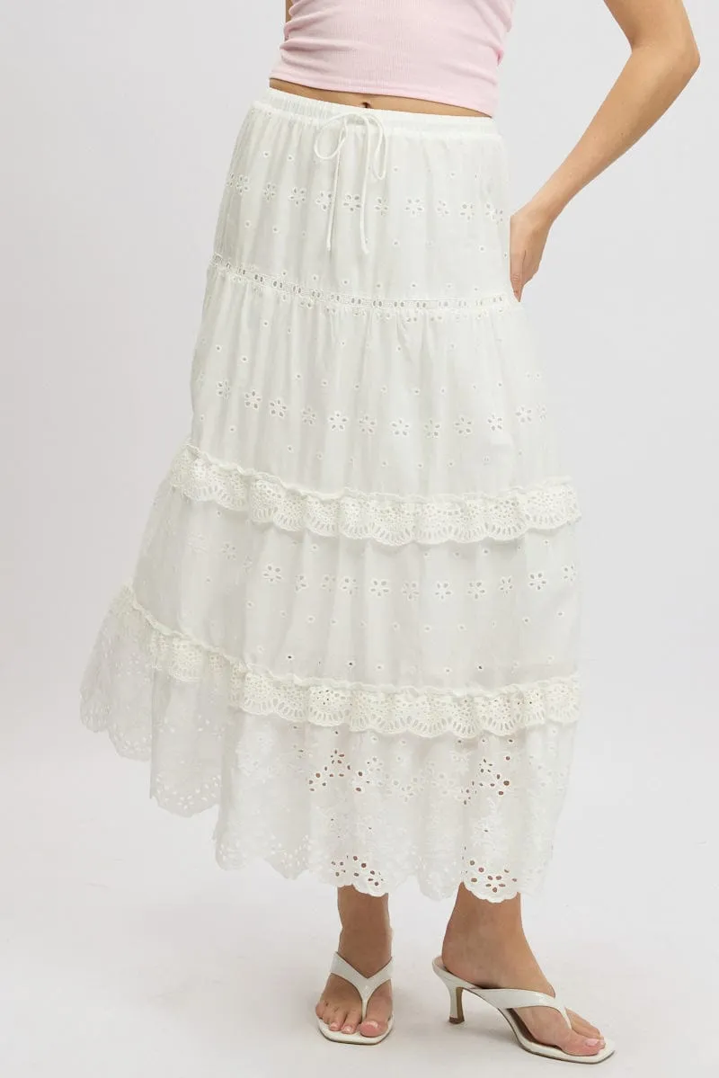 White Maxi Skirt High Waisted Tiered Broidery Eyelet