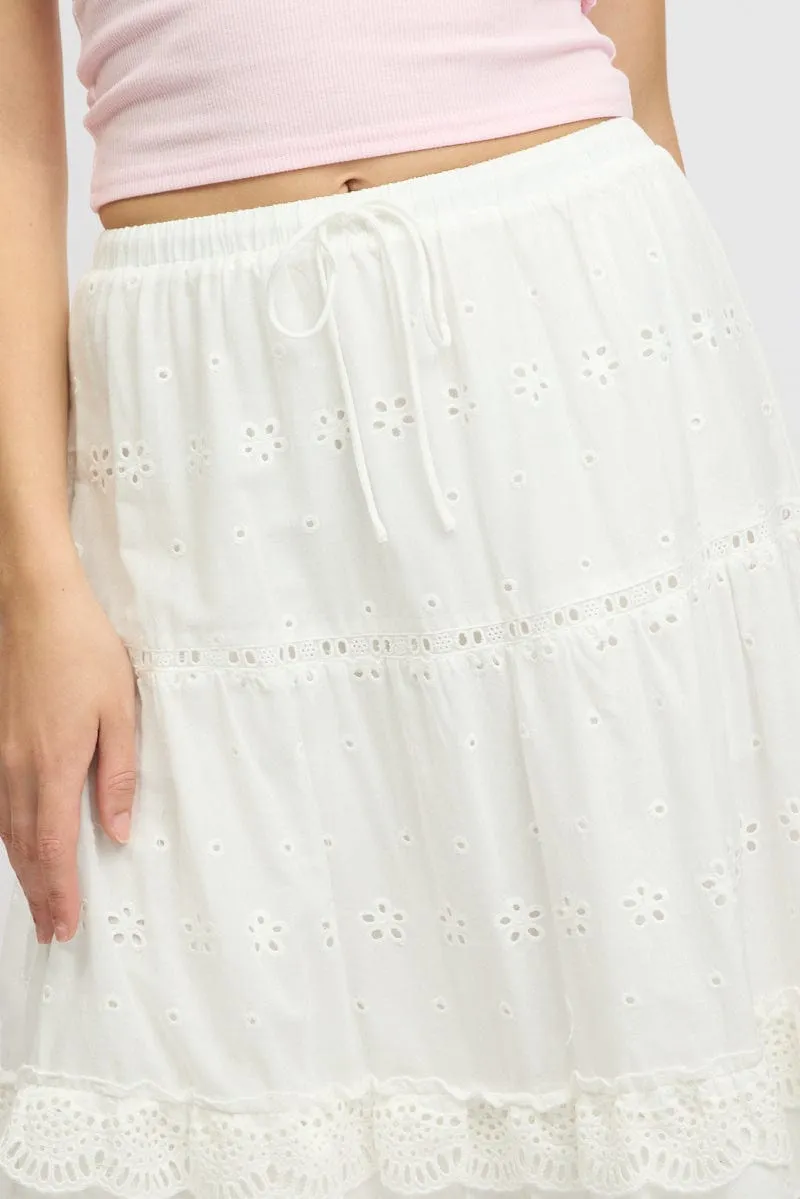 White Maxi Skirt High Waisted Tiered Broidery Eyelet