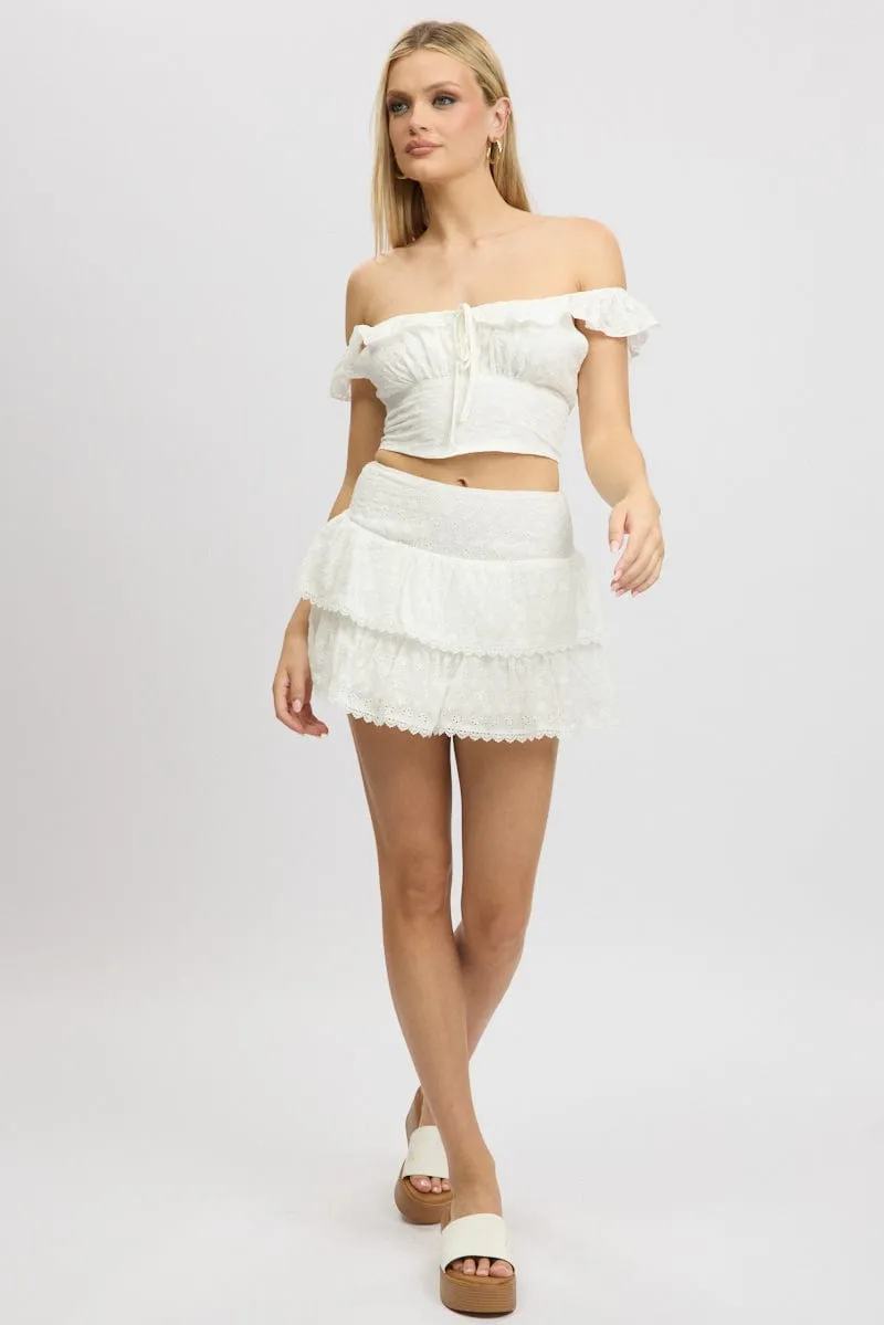 White Mini Skirt High Rise Shirred Waist Broidery Eyelet