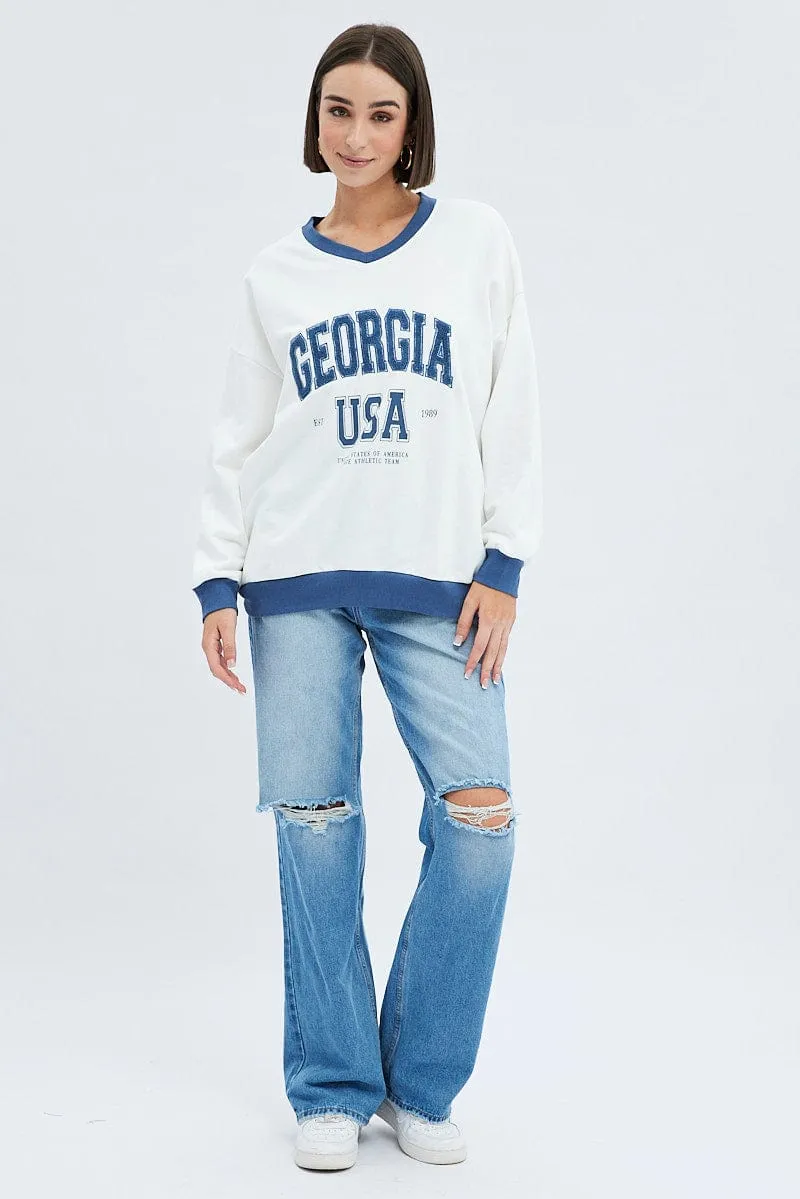 White Sweat Shirt Long Sleeve V-Neck Georgia Terry
