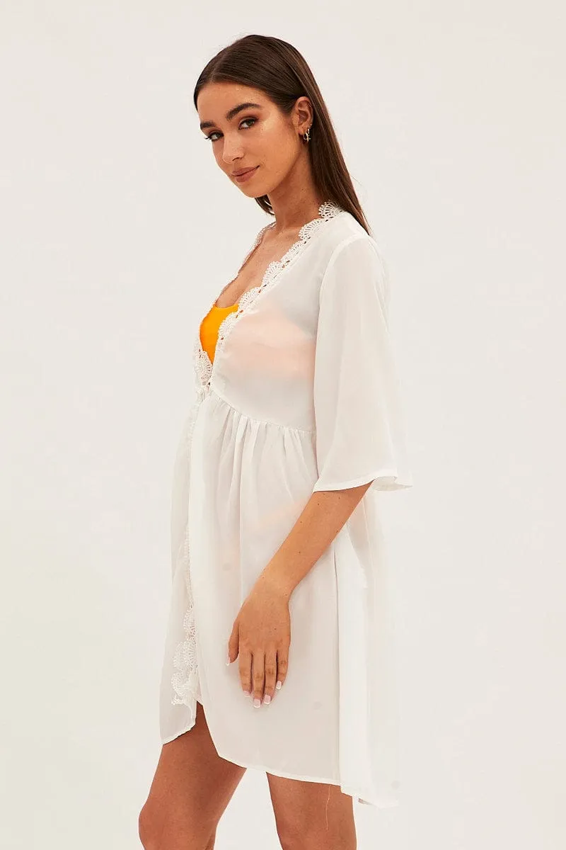 White Tie Front Lace Kimono