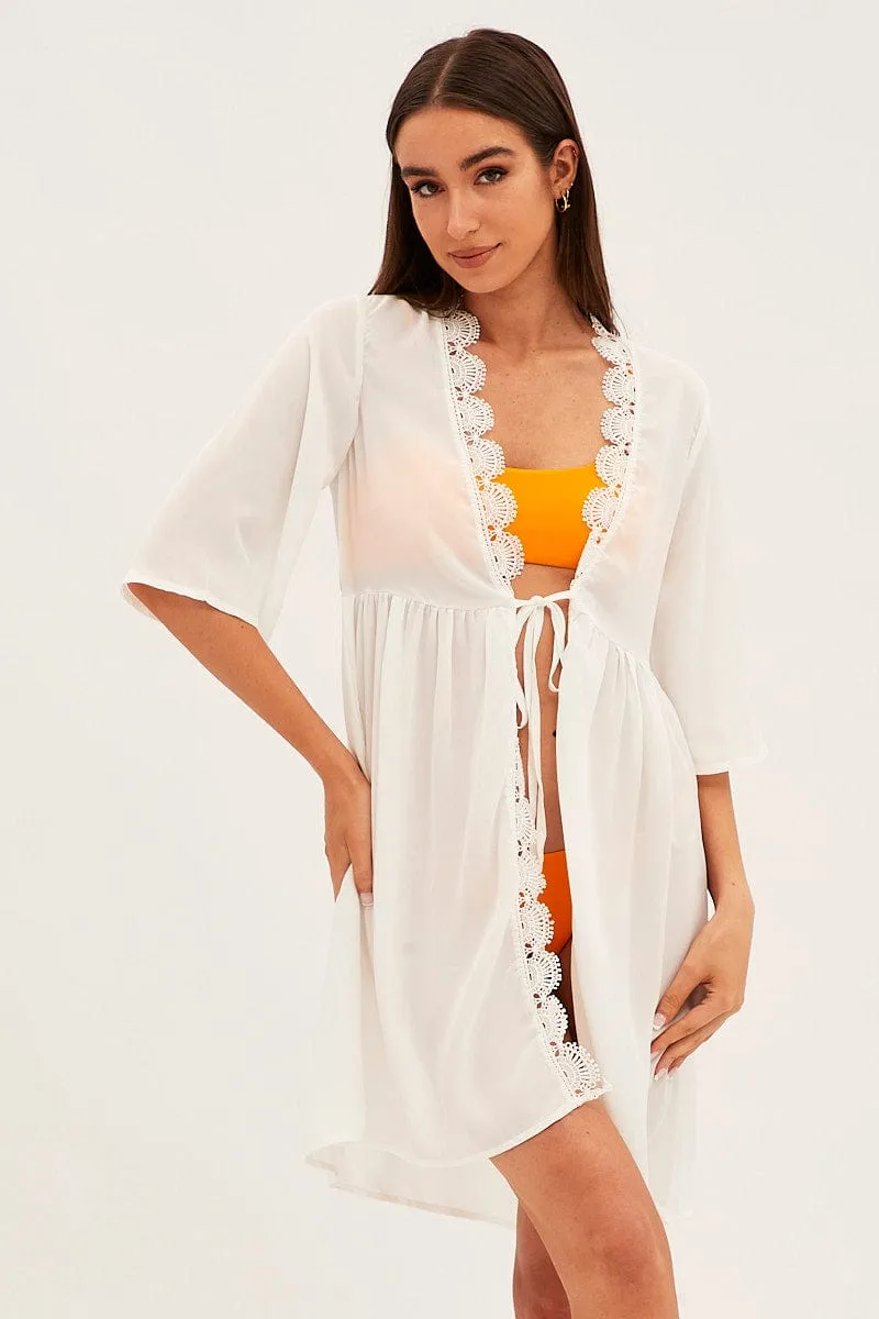 White Tie Front Lace Kimono