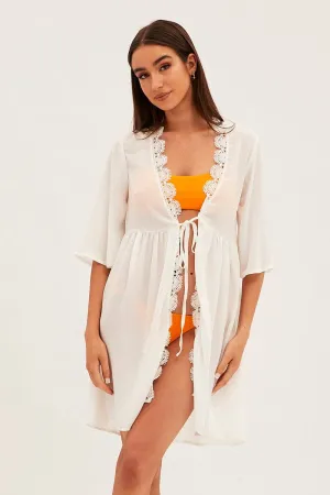 White Tie Front Lace Kimono