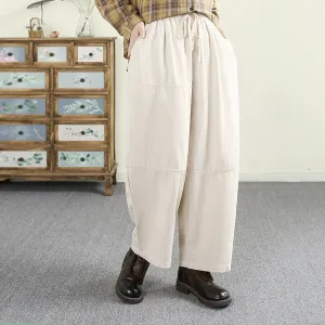 Women Spring Artistic Solid Color Linen Wide-Leg Relaxed Pants