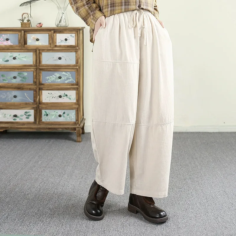 Women Spring Artistic Solid Color Linen Wide-Leg Relaxed Pants