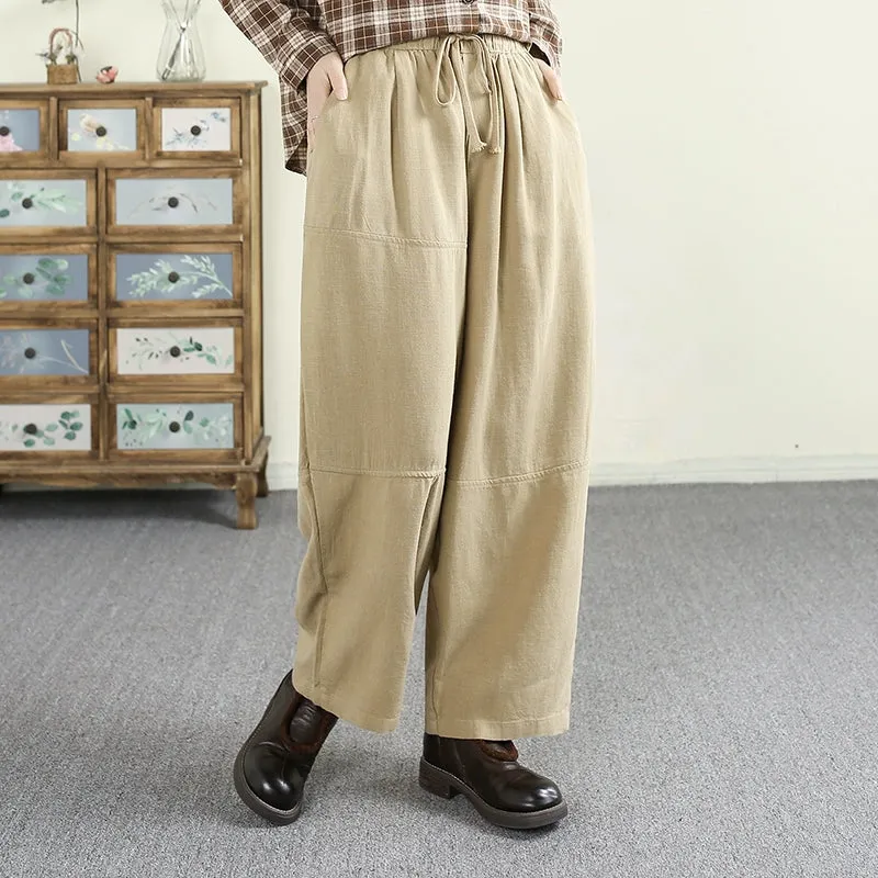 Women Spring Artistic Solid Color Linen Wide-Leg Relaxed Pants