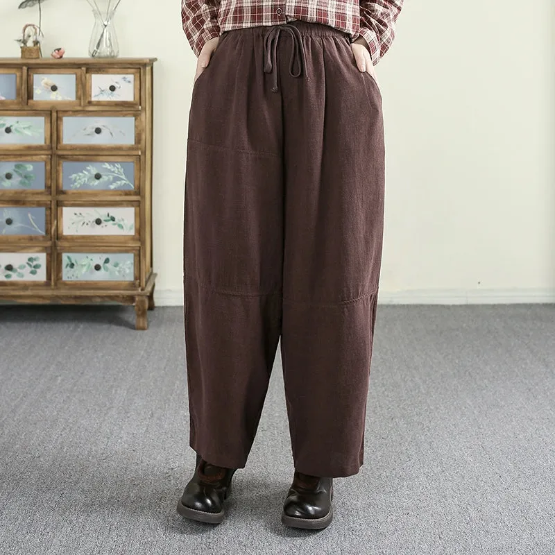 Women Spring Artistic Solid Color Linen Wide-Leg Relaxed Pants